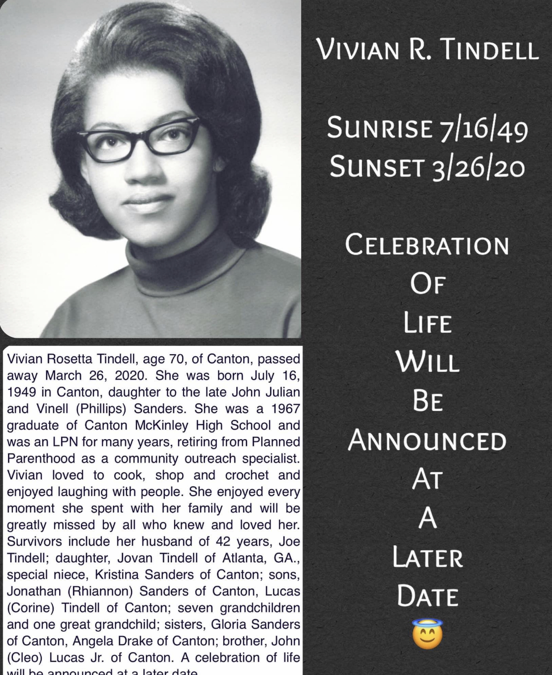 Obituary honoring Vivian Rosetta Tindell, Lucas Tindell's mother