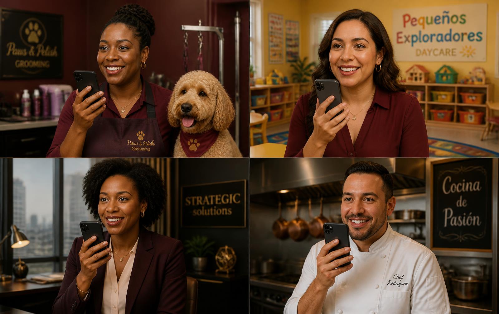 A dog groomer, a daycare owner, a corporate executive and a chef each recording a short video answer on their phone