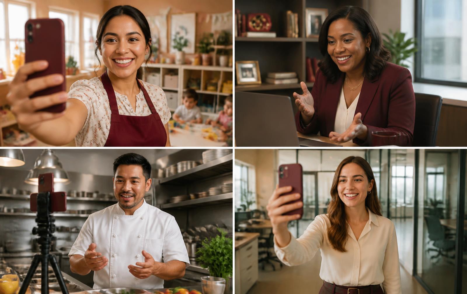 Business owners recording short video answers on phones, laptops and cameras