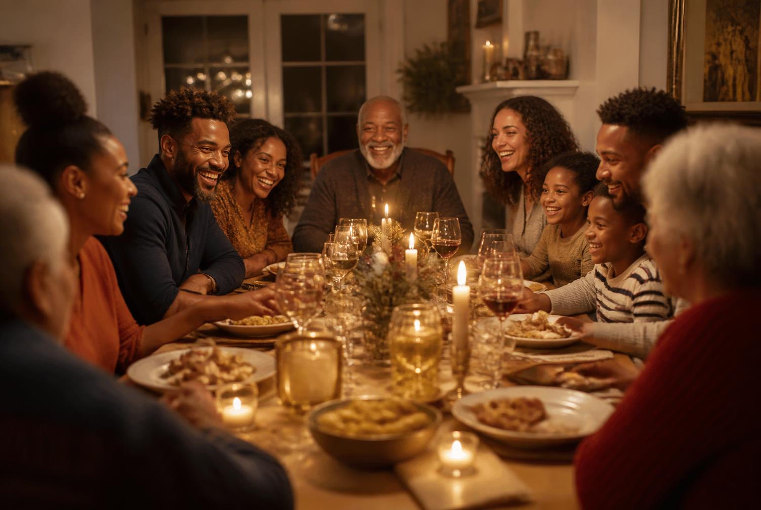 A multigenerational family laughing together at a candlelit dinner table