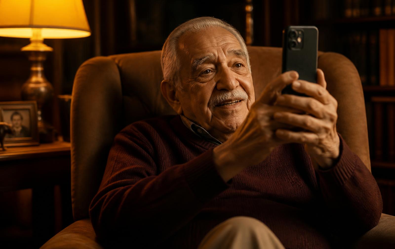 A grandfather holding his phone, recording this month's story