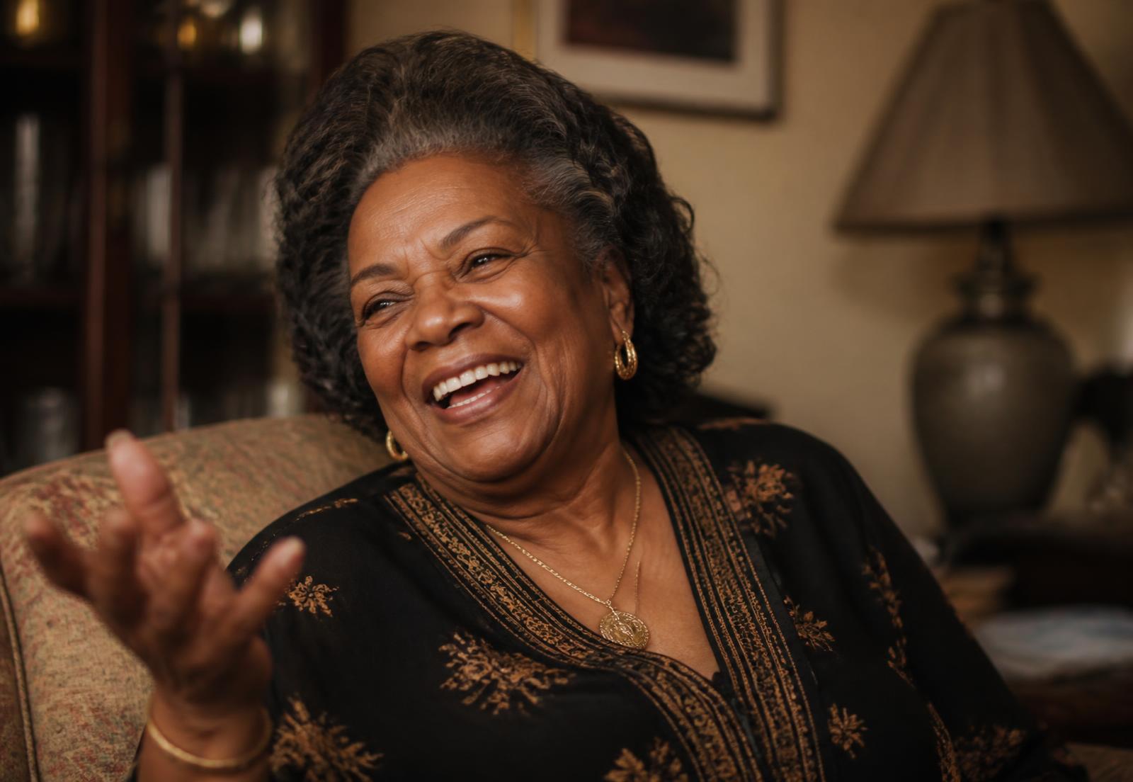 A woman laughing as she tells a story