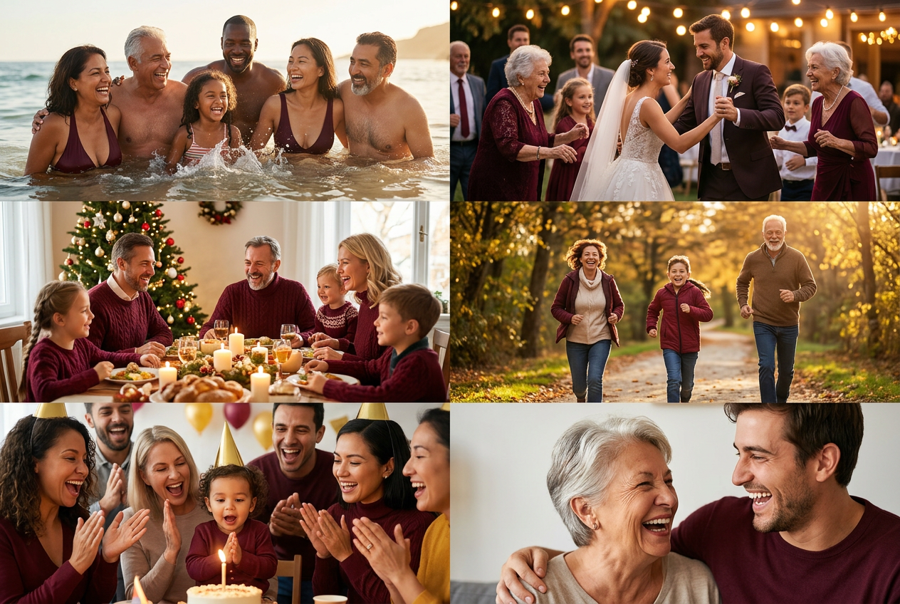Families vacationing, dancing, celebrating holidays, running, and laughing together
