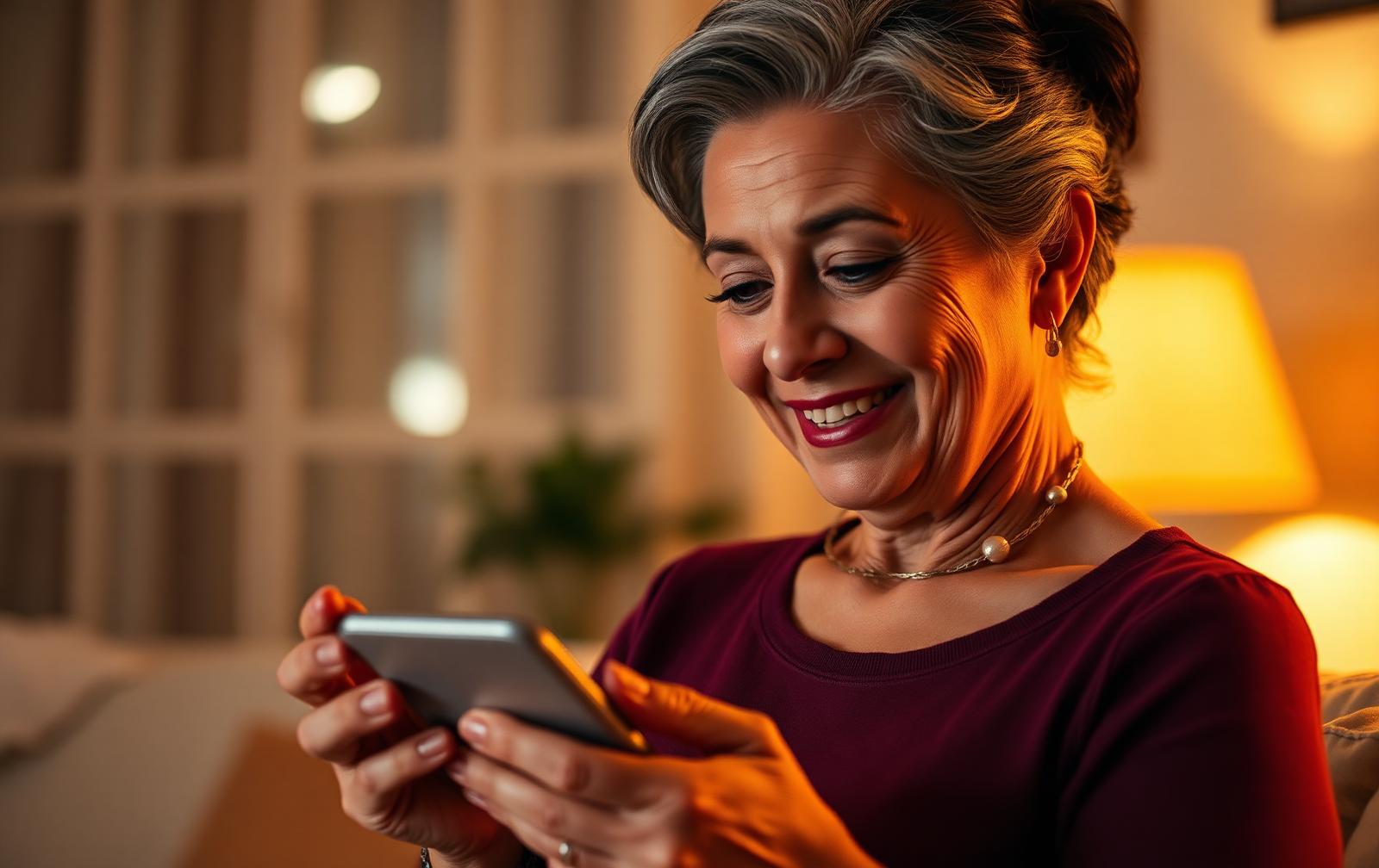 A Latina woman in her early fifties smiling at the recording link that arrived on her phone