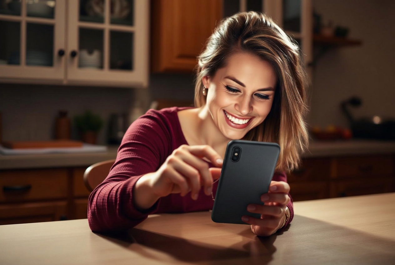 A woman in her thirties tapping her phone to review the video she just recorded