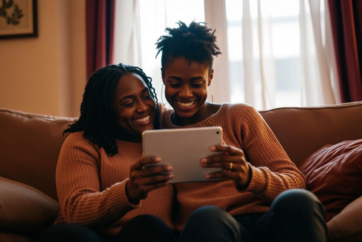 A mother and her adult daughter watching a finished family video together on a tablet
