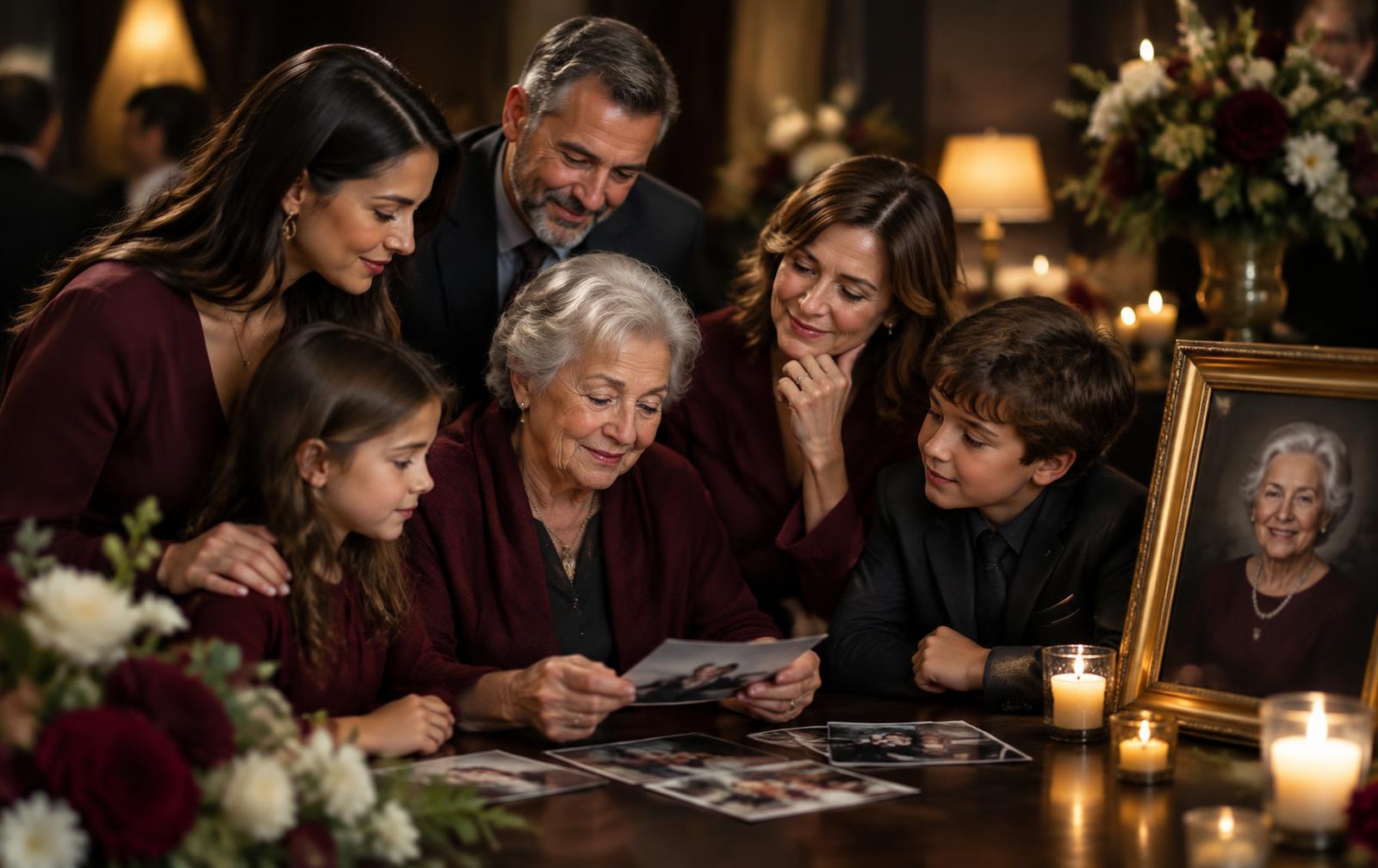 A family gathering around treasured photographs at a memorial service