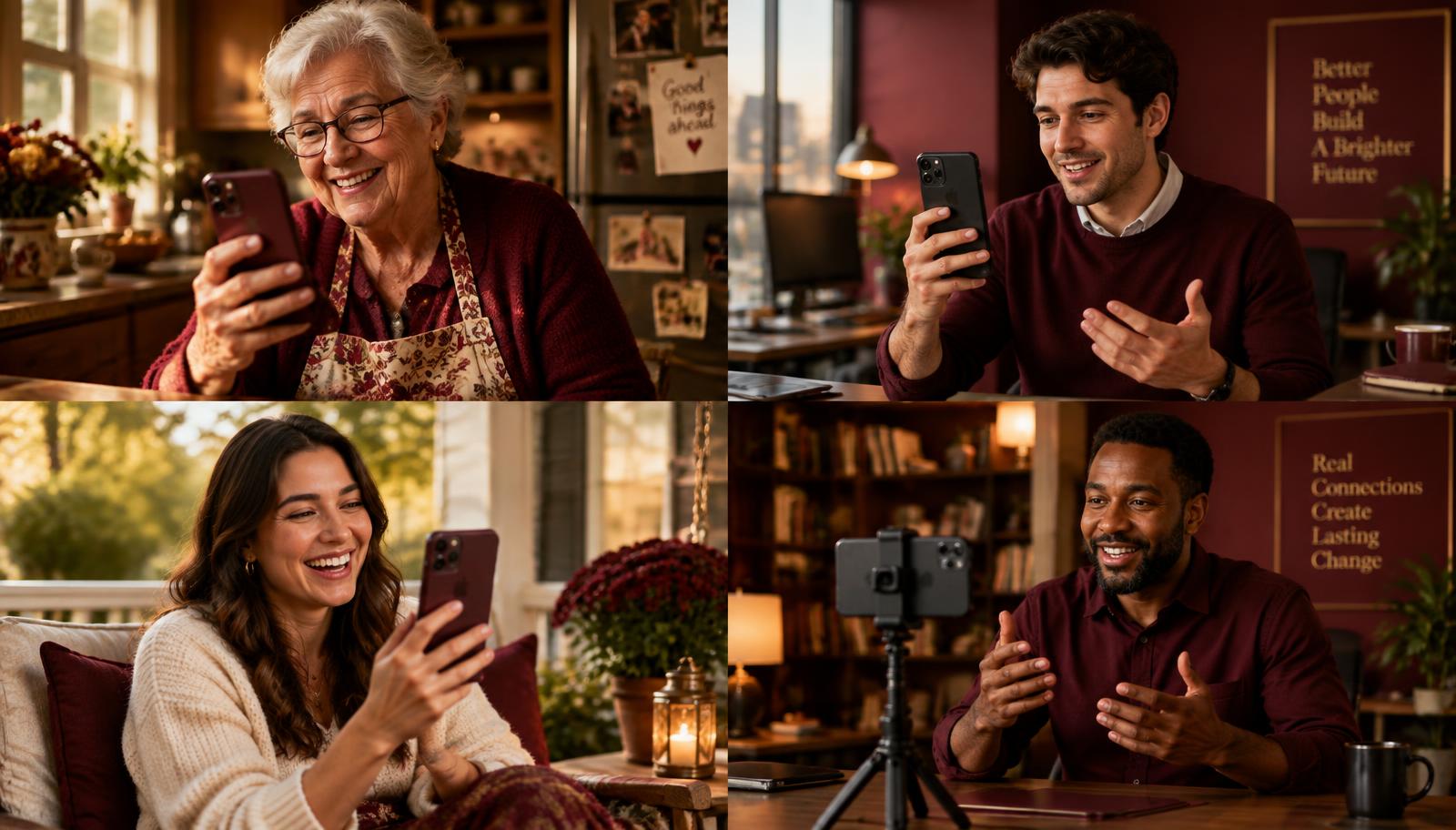 Several people in different places, each smiling and recording a video message on their phone, one with a phone on a small tripod