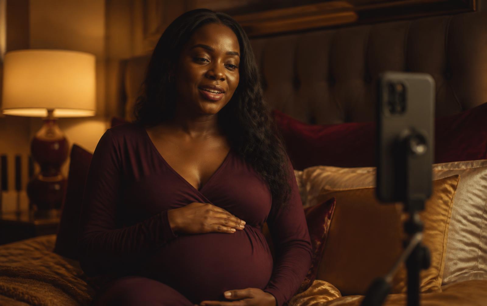 A pregnant mother holding her phone, recording a message to her unborn child