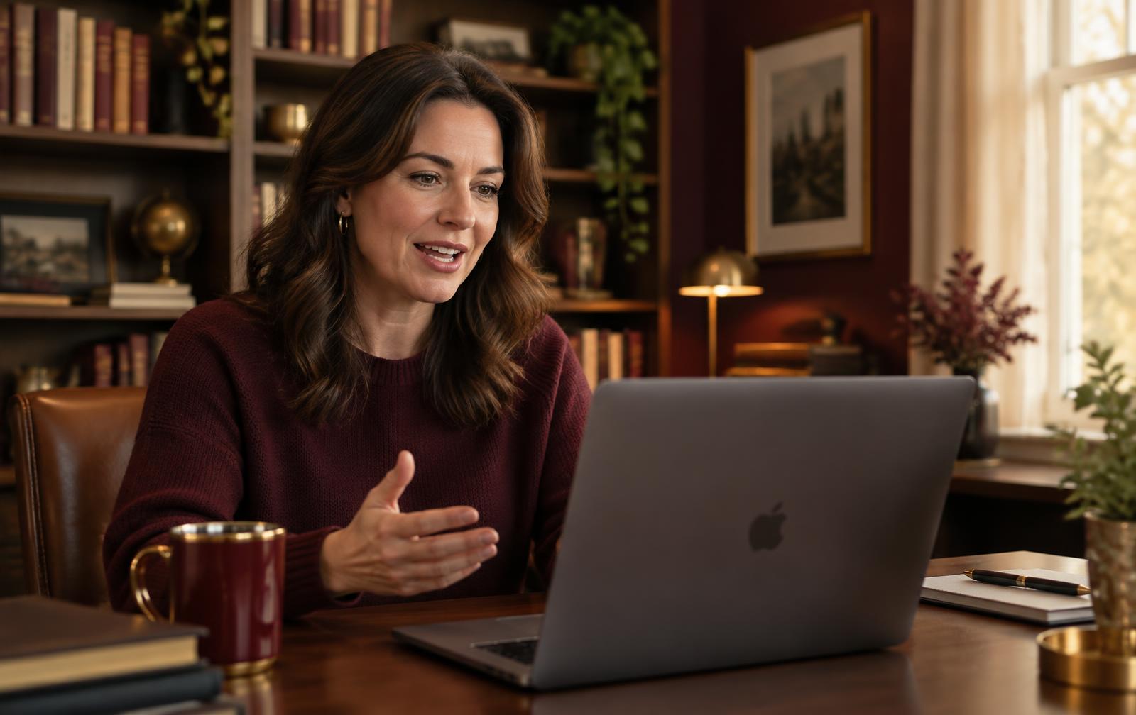A person sitting at their desk, recording a short video answer on their laptop