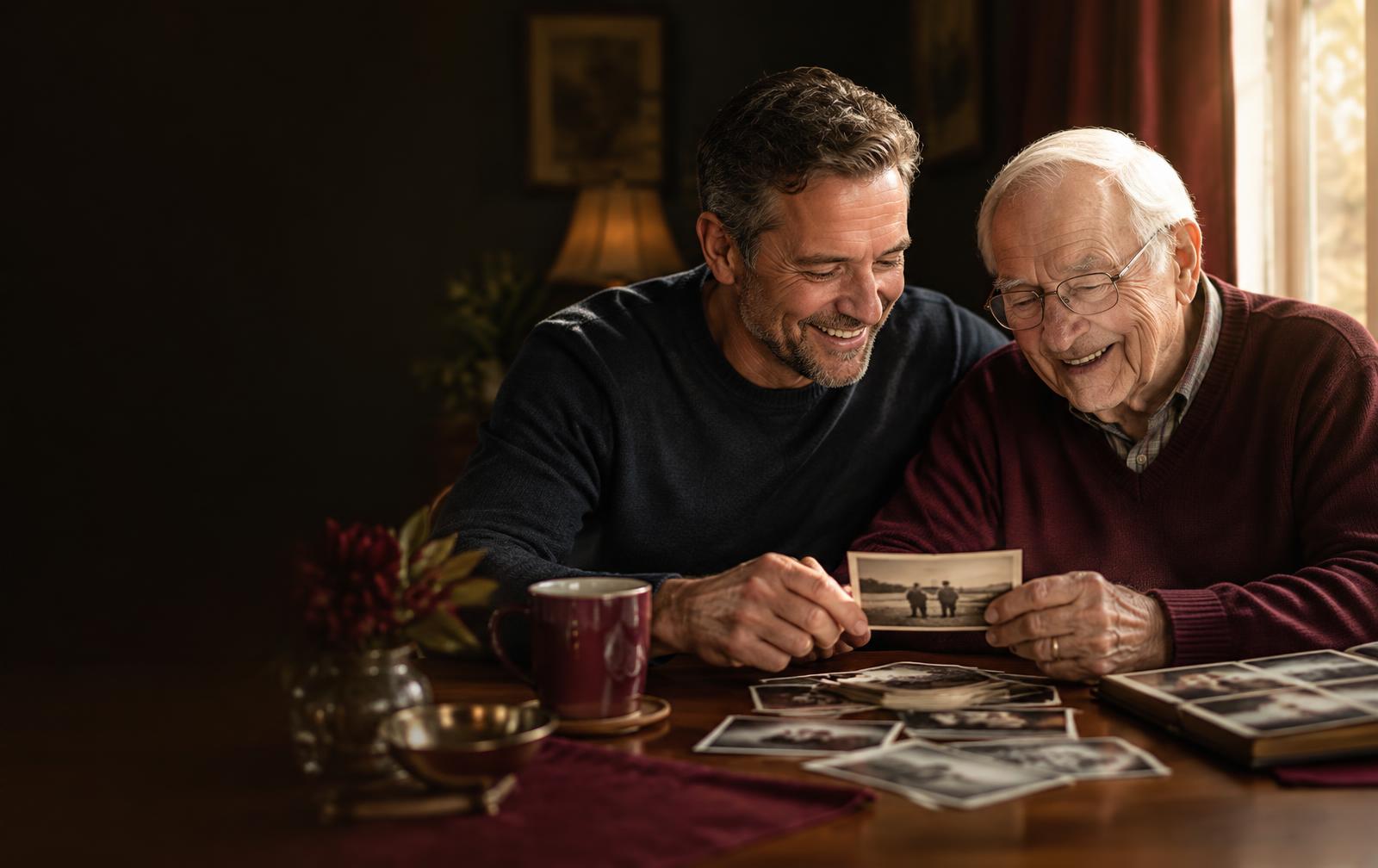 A son and his elderly father smiling together over treasured family photographs