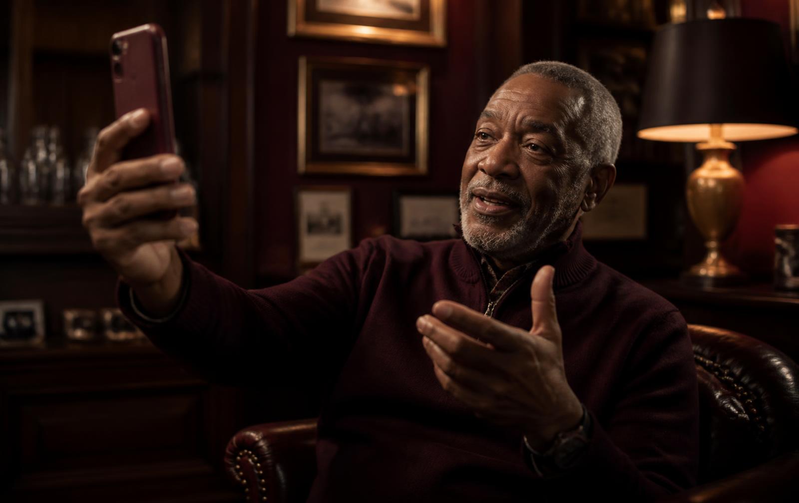 An older gentleman holding his phone at arm's length, recording his answer