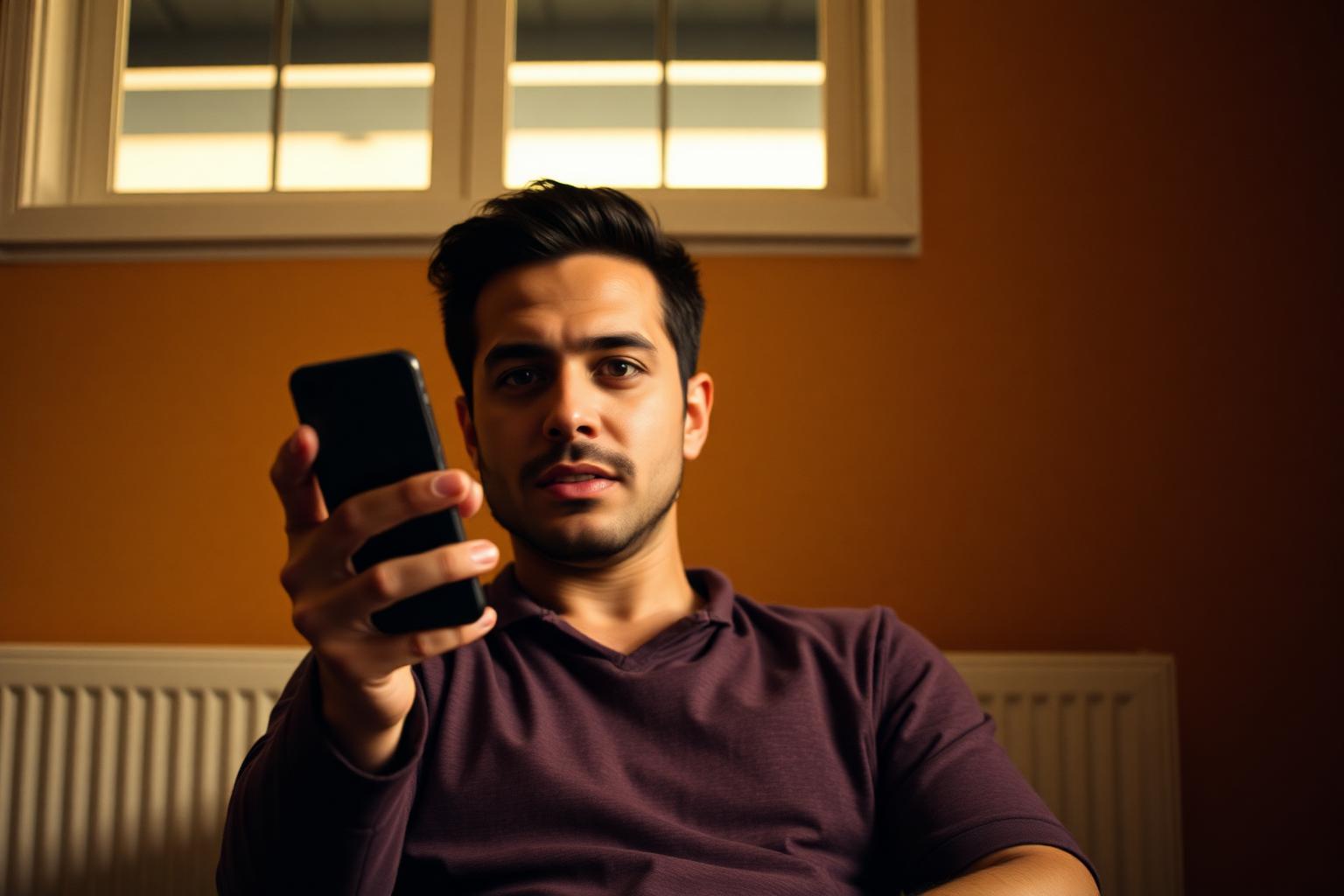 A man in his thirties speaking sincerely into his phone in warm evening light