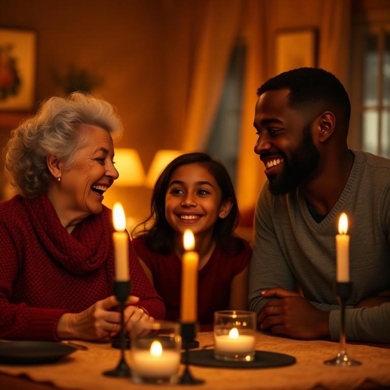 Three generations of a family laughing together in warm evening light