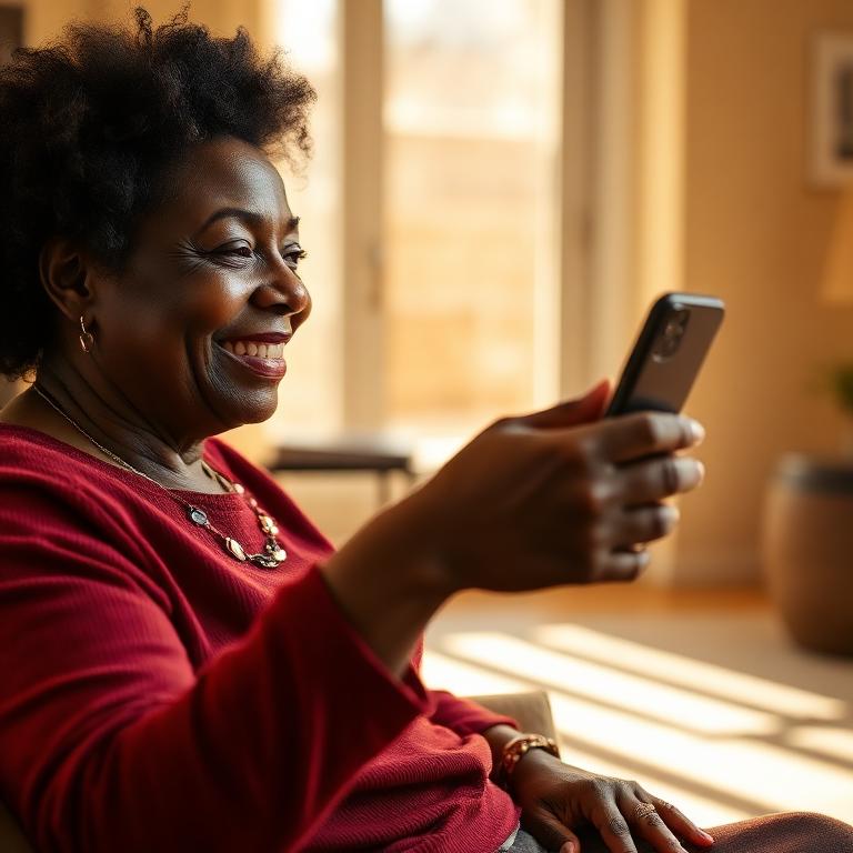 A Black woman in her sixties smiling as she tells a story to her phone
