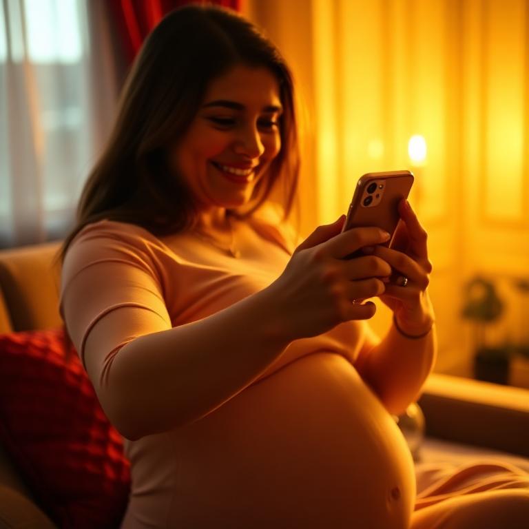 A pregnant woman holding her phone, recording a message to her baby