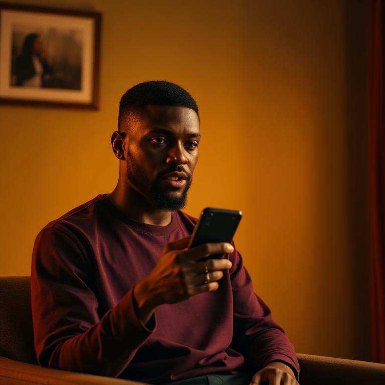 A man in his thirties speaking sincerely into his phone