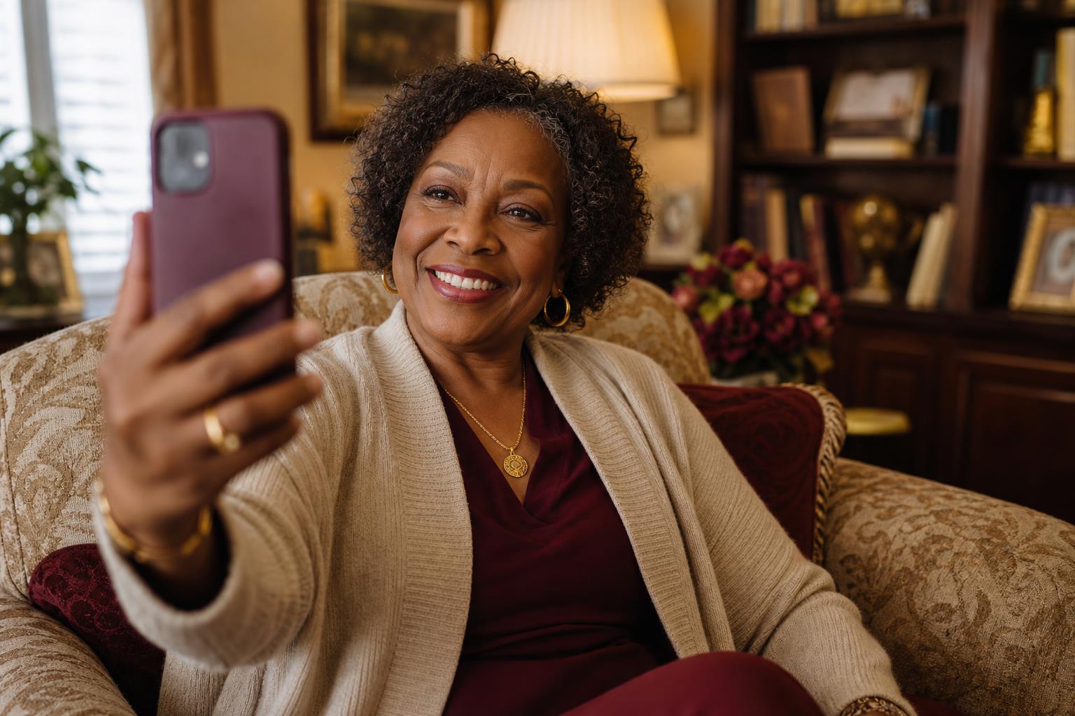 A Black woman in her fifties recording her life story on her phone at home