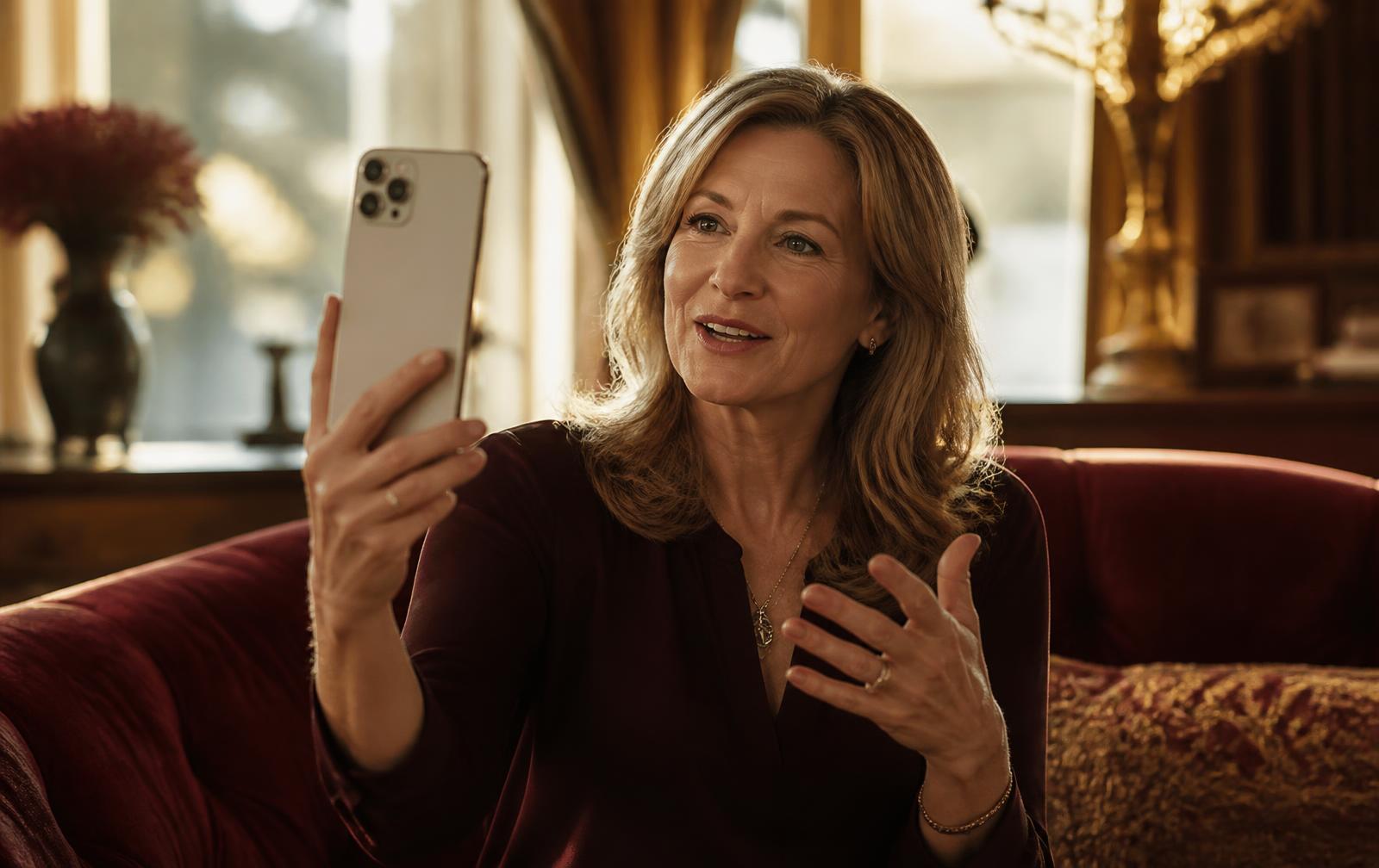 A woman in her fifties recording her stories on her phone