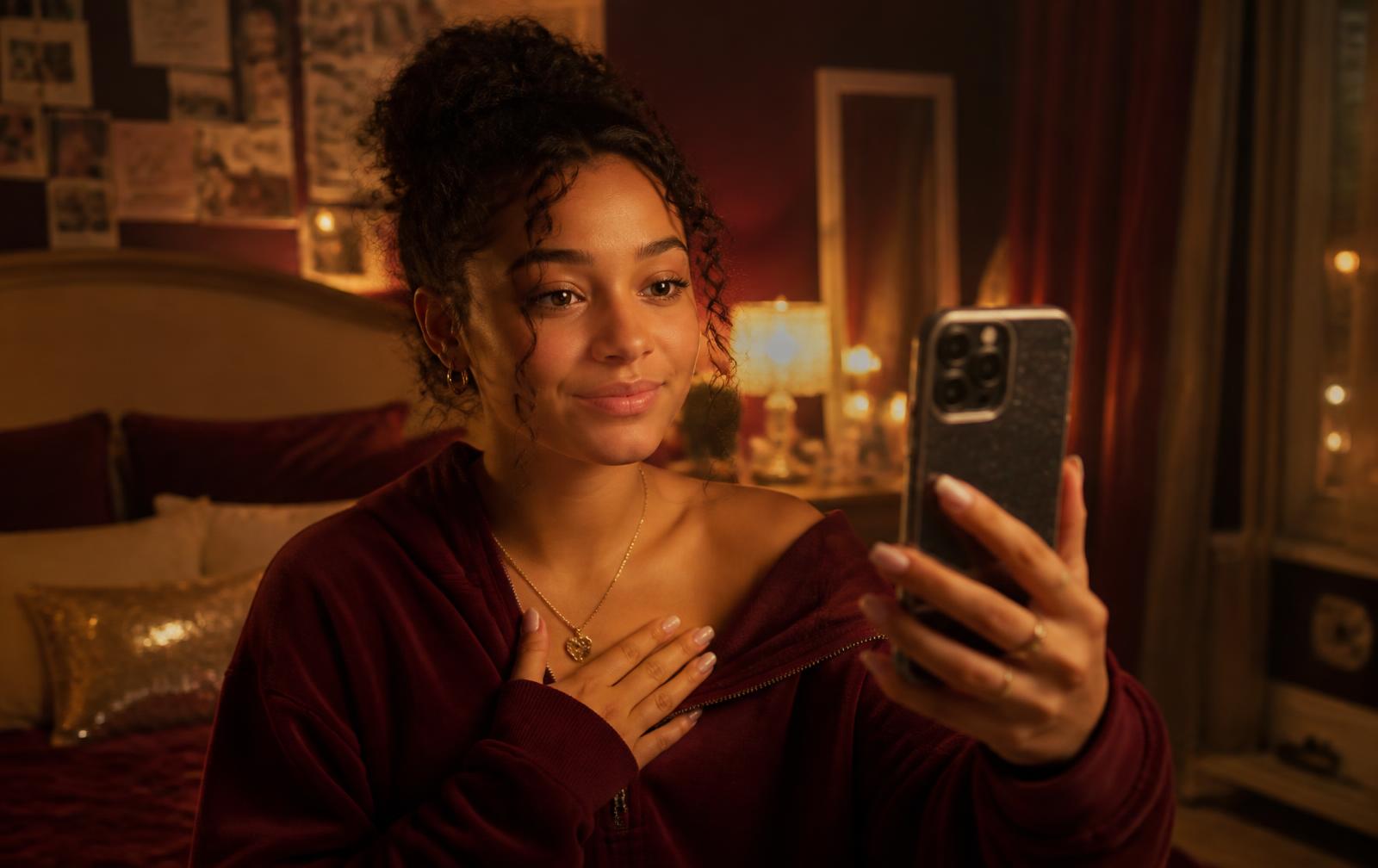A teenage girl recording a video message on her phone