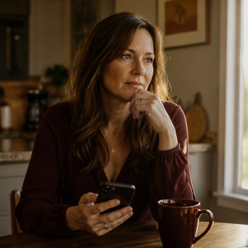 A woman at her kitchen table holding her phone, thinking it over