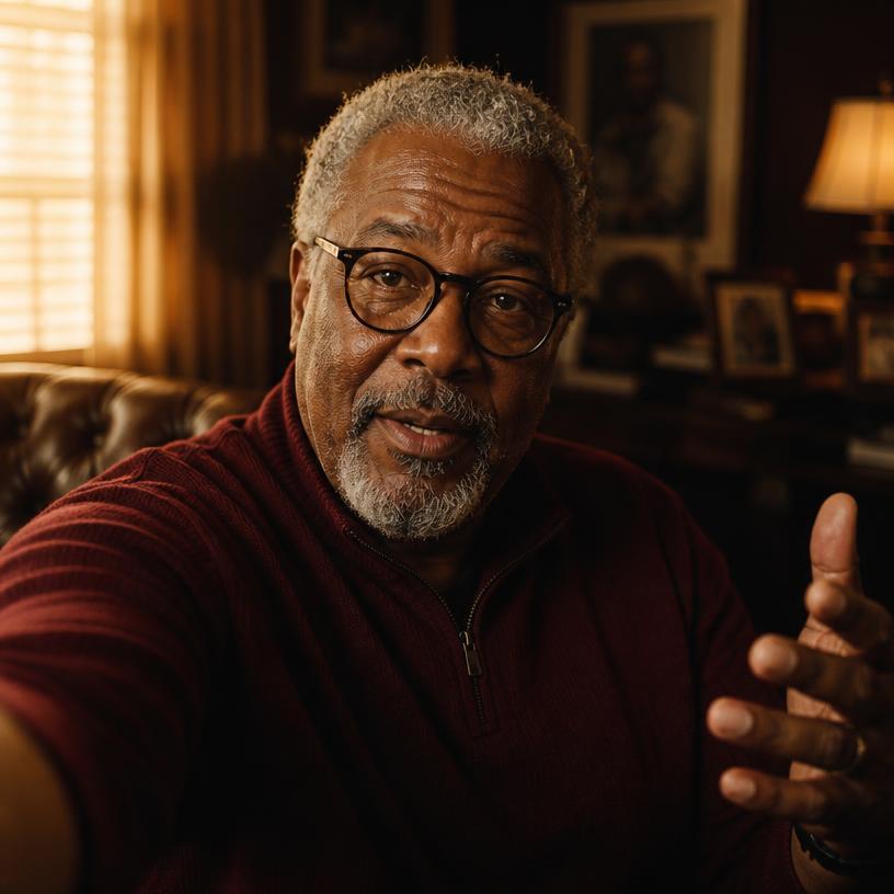 A Black man in his sixties holding his phone, telling his story