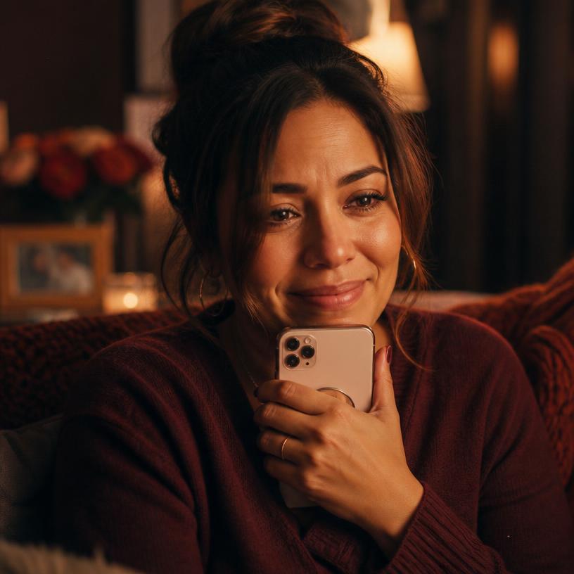 A Latina woman holding her phone close, moved by a video message