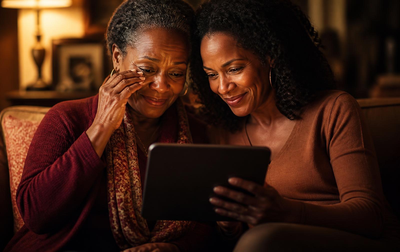 A mother and daughter watching a Tribute video together